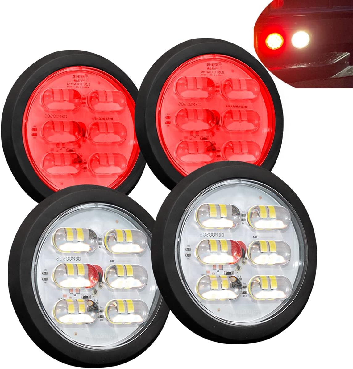 WFPOWER 4 Inch Round LED Trailer Tail Light, 4 Pack LED Stop Turn Tail Back-up Reverse Fog Lights with Rubber Grommet, IP67 36LEDs Park Turn Lights for Trailer RV Trucks 12V 24V (2 Red + 2 White)