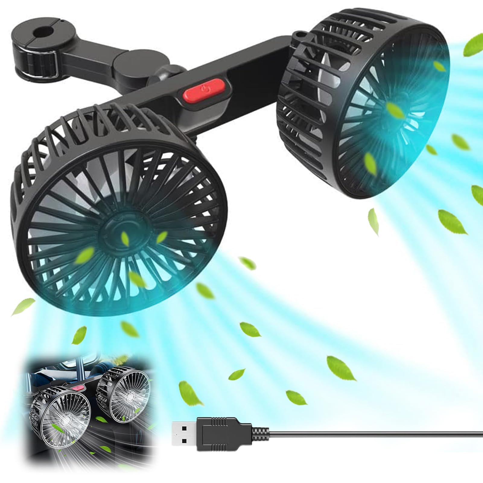 Ventilateur de voiture double tête portable rotation 360° USB 5 V 3 vitesses