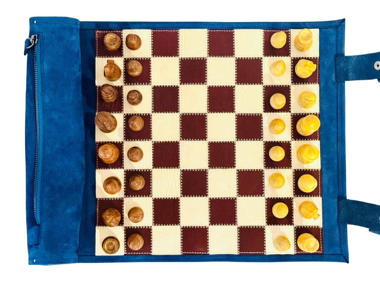 Melia Outlet Magnetisches Schach – Rollbares Luxus-Schachspiel aus Echtleder (B-Ware oder Restposten) | Handgefertigtes Reiseschach mit Holzfiguren - Les Bleus