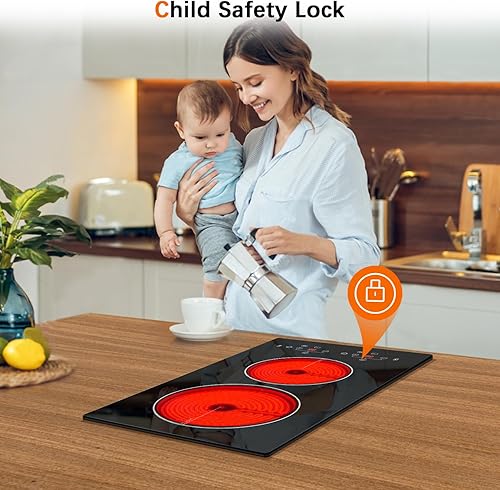 Miniatura 4 de Placa eléctrica de 2 quemadores, estufa eléctrica de 2000 W, estufa de cerámica integrada y de encimera con control táctil, 9 niveles de potencia,