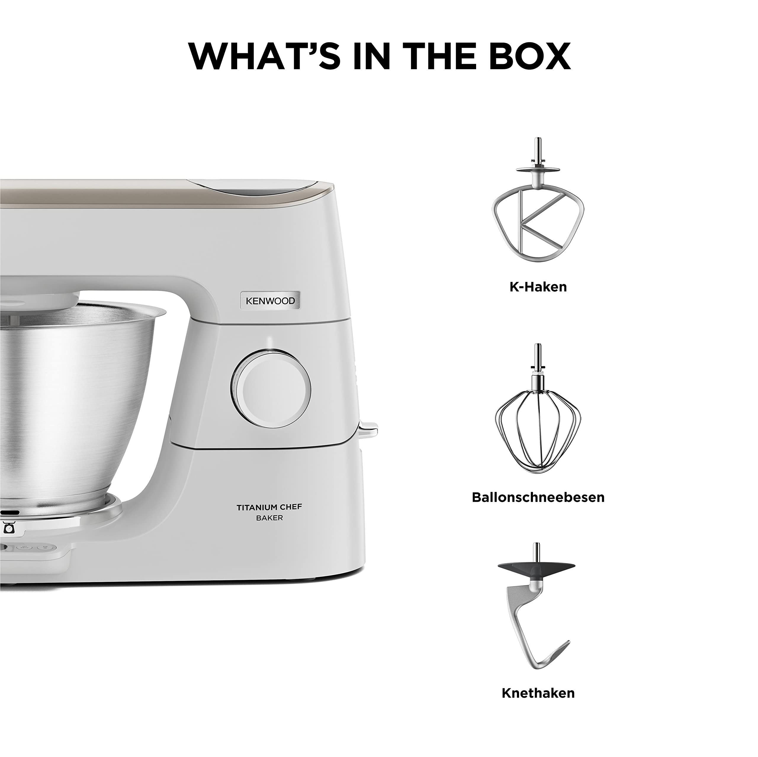Kenwood Titanium Chef Baker – Küchenmaschine mit Waage inkl. 3-teiligem Patisserie-Set, 5 l Edelstahlschüssel, 1200 W, Weiß (KVC65.001WH)