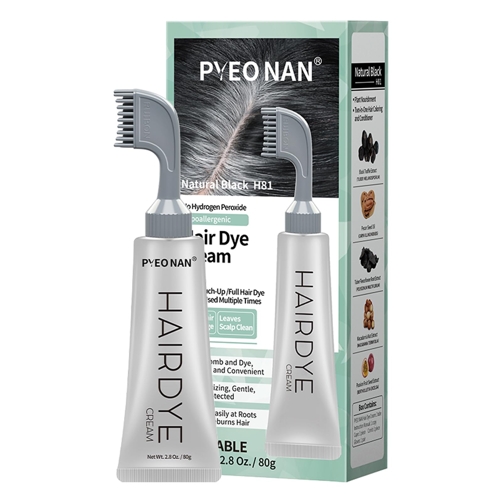 PYEONAN Hypoallergenic Hair Dye Cream,Natural Plant Extract Without Bleaching, Easy Comb to Cover Gray Coverage Ammonia Free All Hair Types 2.8Oz. /