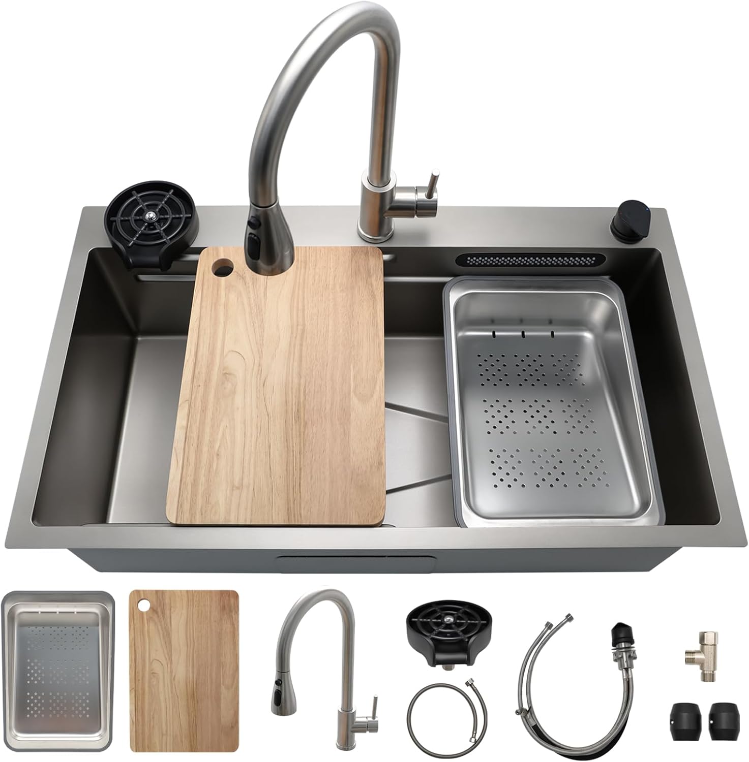SANYCASA 33 Inch Drop In Kitchen Sink – 11 Gauge (3mm) Stainless Steel, Single Bowl Waterfall Ledge Workstation with Faucet, Cup Rinser & Accessories