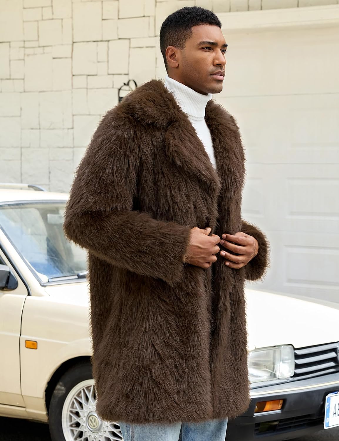 Eisctnd Men's Faux Fur Long Coat Lapel Fluffy Open Front Winter Overcoat