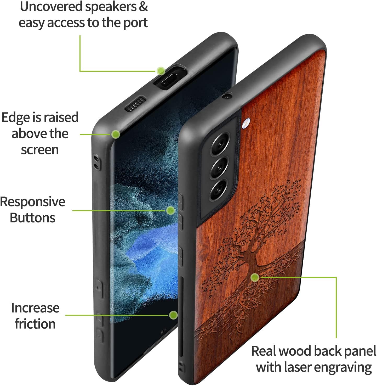 Carveit Wood Case for Galaxy S22 Case [Hard Real Wood & Soft TPU] Shockproof Hybrid Protective Cover Unique & Classy Wooden Design Compatible with Samsung S22 (Tree with Roots Carving-Rosy)