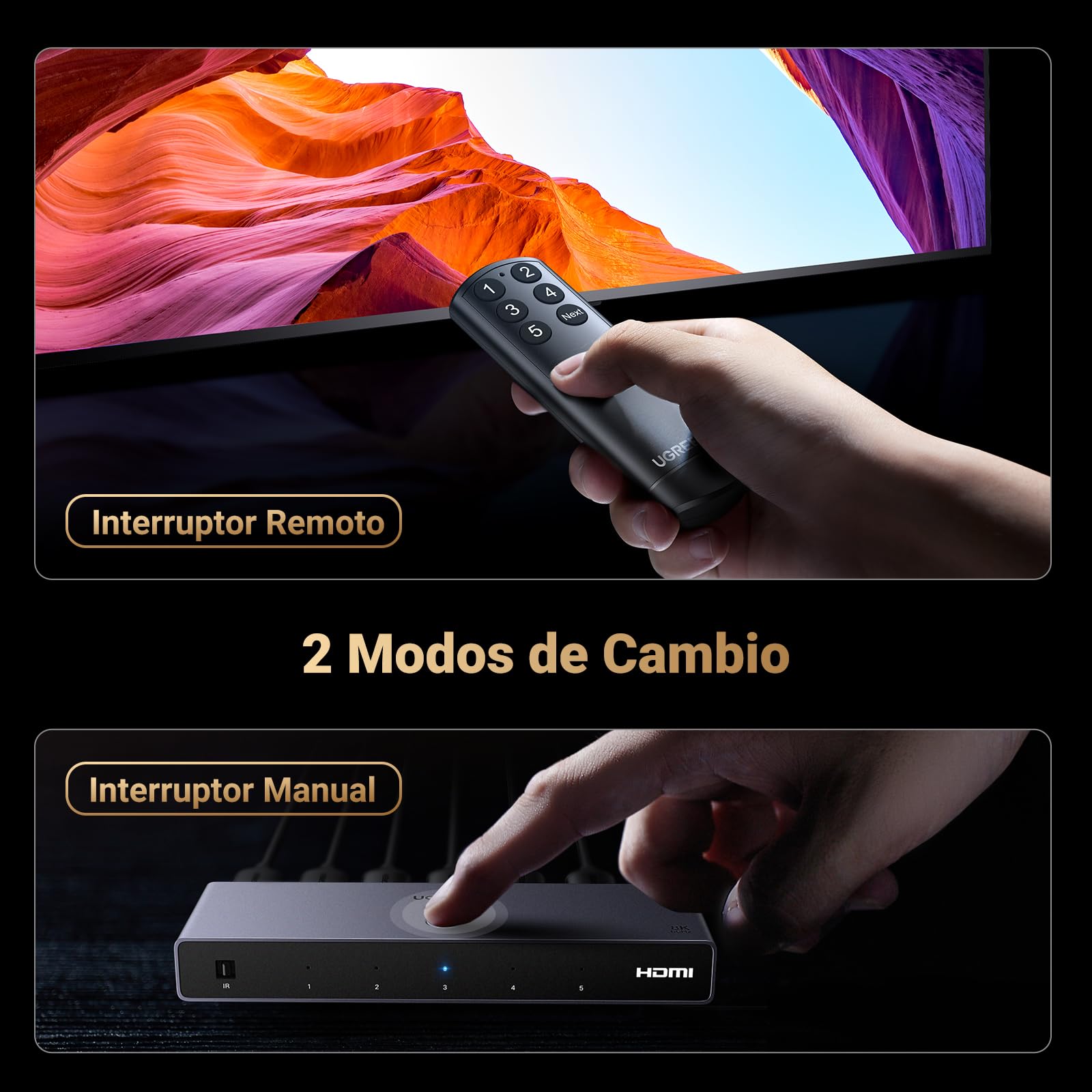 UGREEN 8K 60Hz Switch HDMI 2.1 5 Entradas 1 Salida 4K 240Hz HDCP 2.3 Adaptador de Corriente Conmutador con Mando a Distancia Compatible con PS5/4 Xbox Nintendo Switch DVD Apple TV Fire Stick