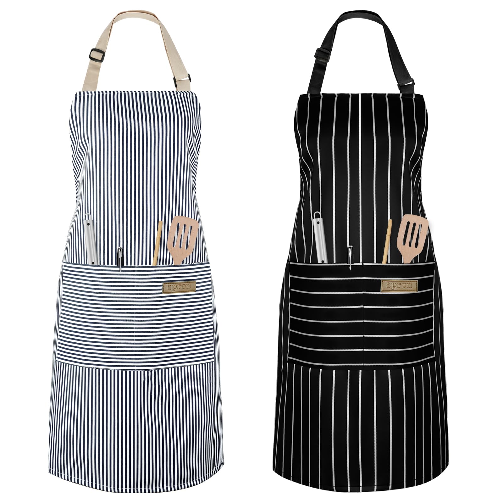 Vicloon Küchenschürze,2 Stück verstellbare Schürze mit 2 Taschen,Maschinenwaschbar, farbecht Schürze für Männer Damen Küche Restaurant Café-Schwarz/blaue Streifen