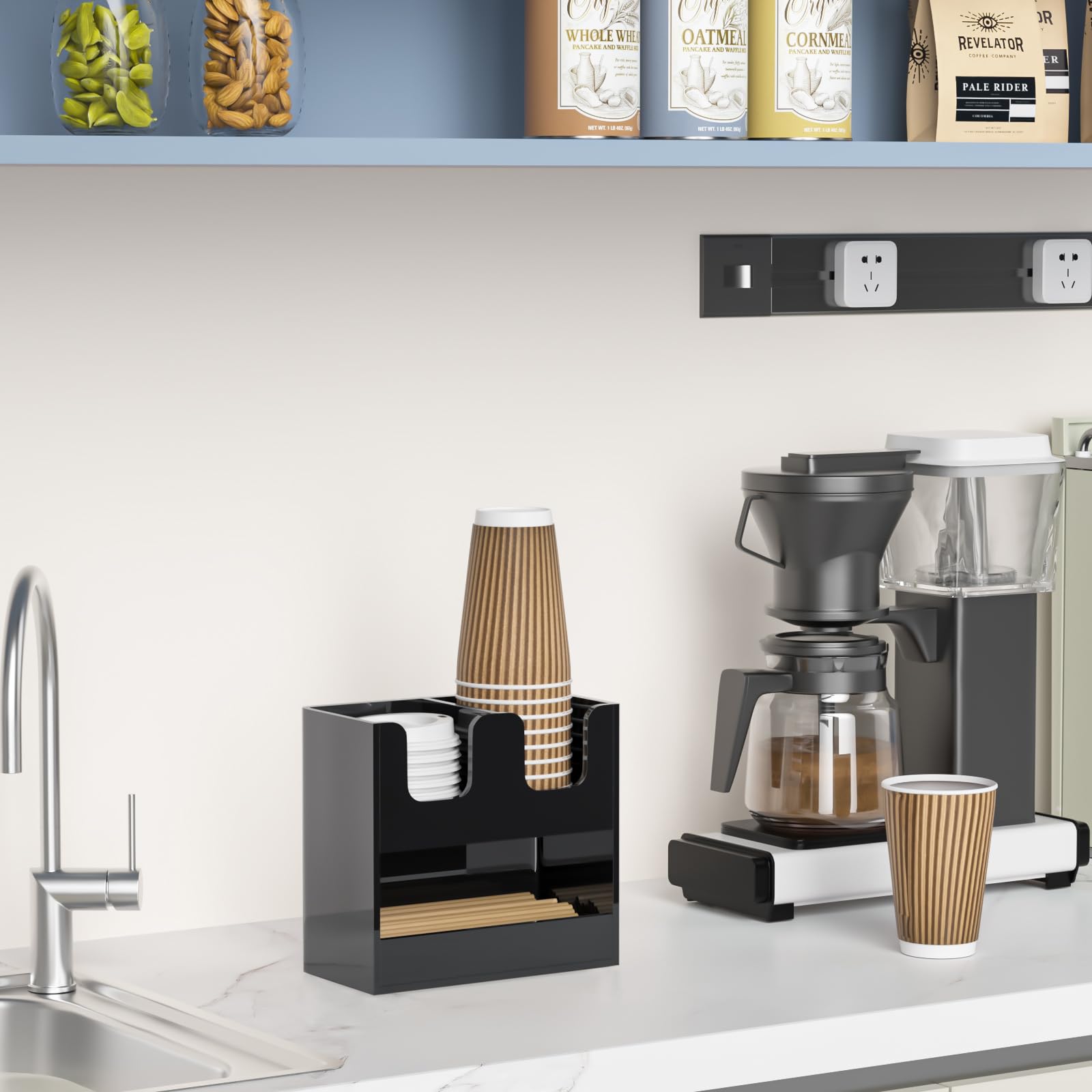 Beego Portavasos de 3 compartimentos para encimera, dispensador de tazas de acrílico negro de 2 niveles, estación de café, taza de papel y tapa, organizador de condimentos para restaurante, sala de