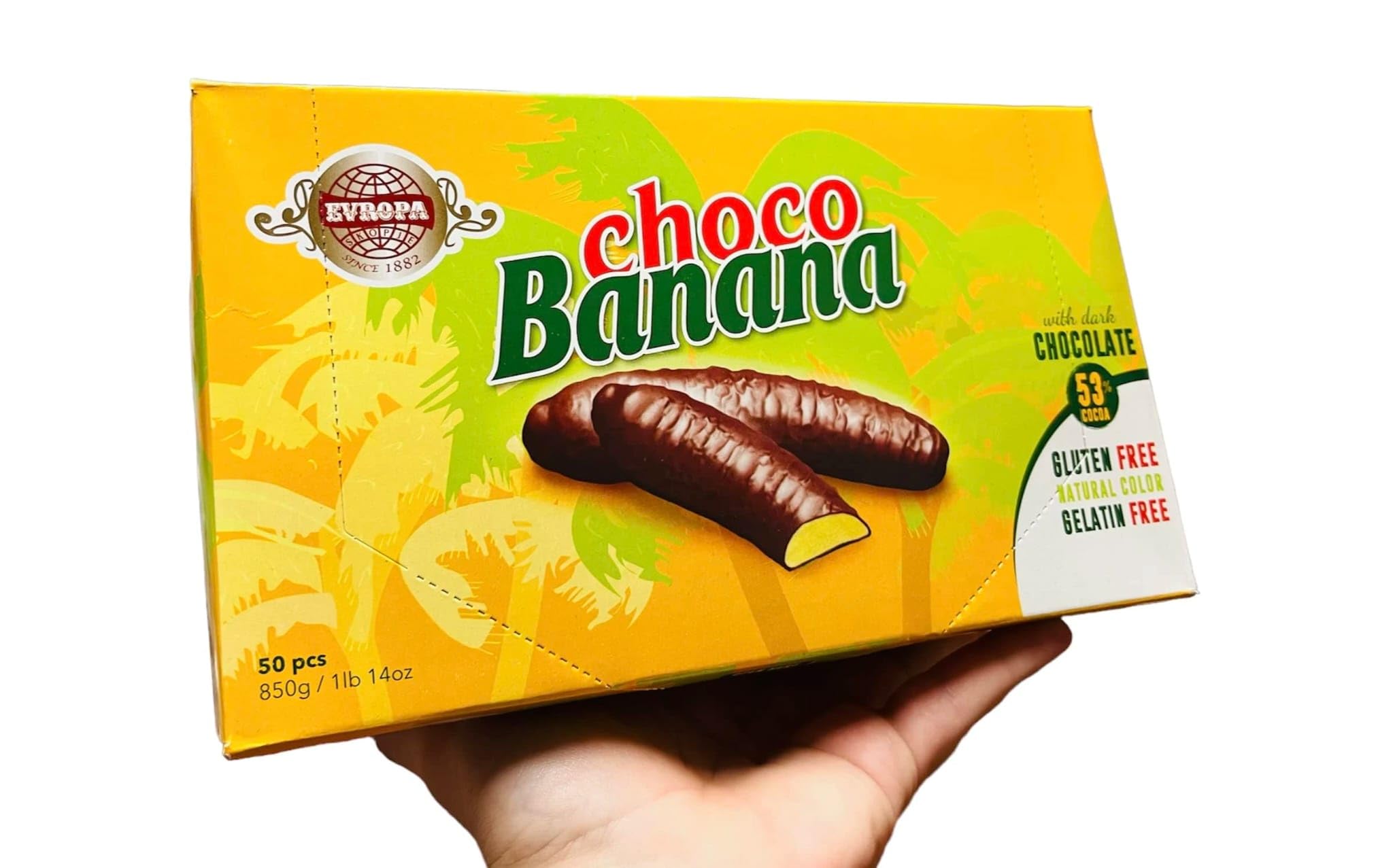 Evropa Choco Banana, Barrette al Cioccolato Fondente Senza Glutine e Gelatina, Confezione da 50 Pezzi, 850g, Gusto Banana