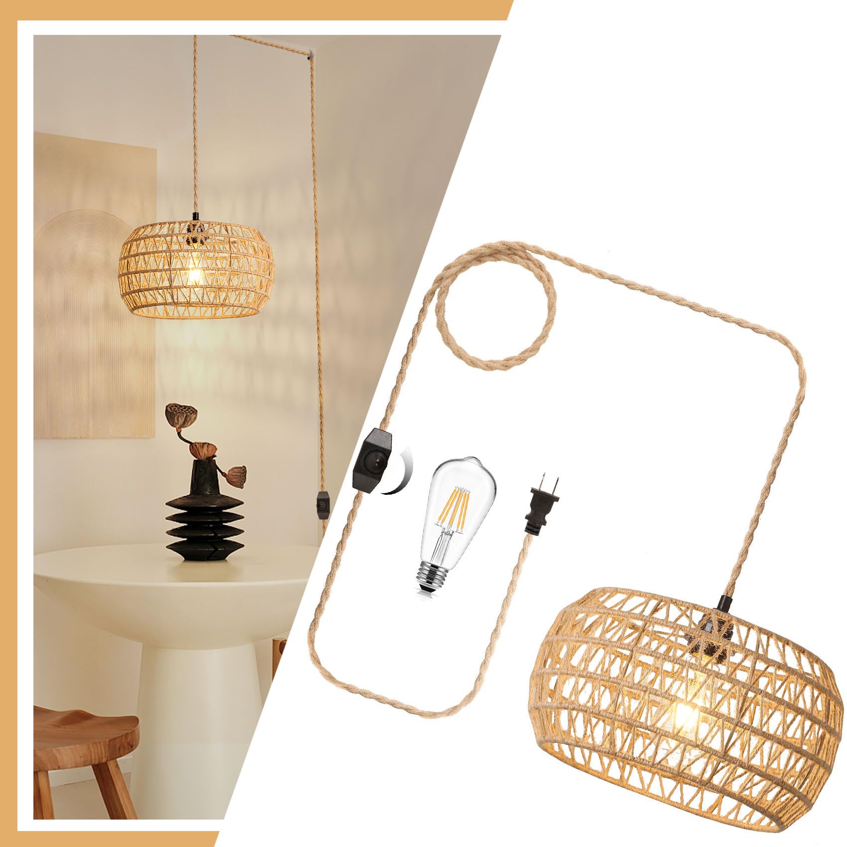 Plug in Pendant Light Rattan Hanging Lights with Plug in Cord with Woven Hemp Rope Lamp Shade,Dimmable Switch,Boho Plug in Ceiling Light Fixtures for Kitchen,Farmhouse,Bedroom (Pumpkin-Shaped)