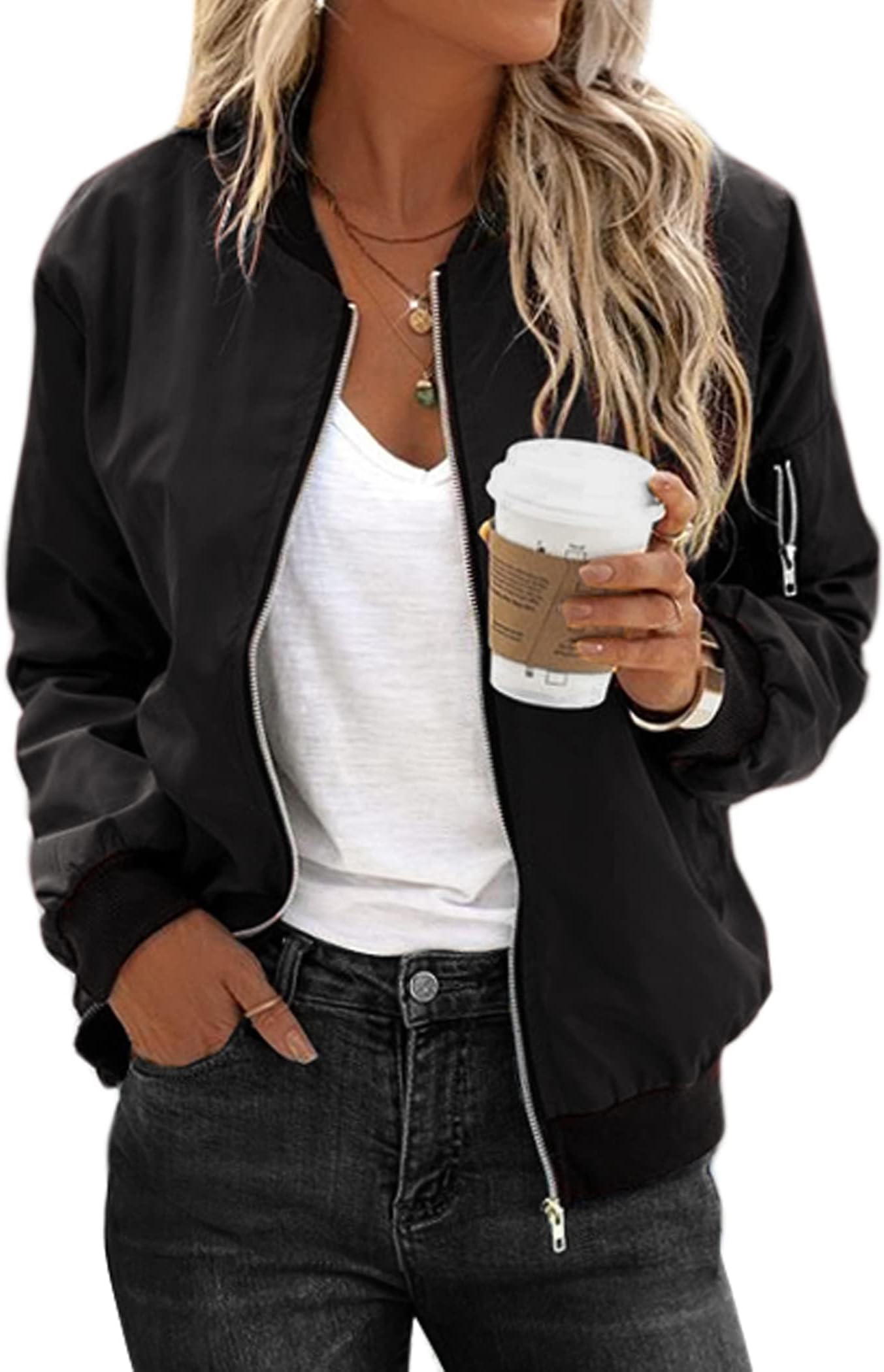 Women's Bomber Jacket Casual Coat Zip Up Spring Fall Clothes with Pockets S-XXL