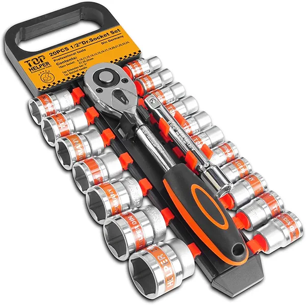 20 PCS 1/2" Drive Metric Socket Wrench Set,1/2 Reversible Ratchet Handle，6 Point Shallow Sockets (8-32mm) and Extension Bar 5", CR-V Steel, Car Repair Set