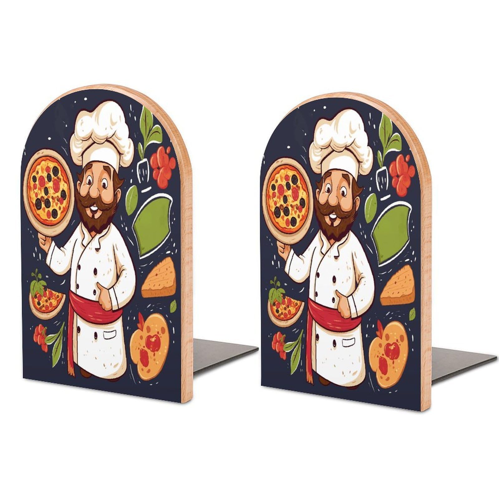 Chef Pizza Bookend for Shelves Non-Skid Book Holder Modern Heavy Duty Bookend Stopper Metal Base Wood Book End Books Shelf Holder Home Decorative 1pair 5x3.9x3.1