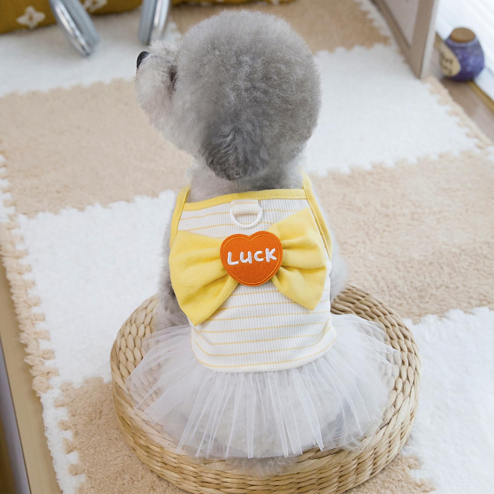 MeiAOBest Small Dog Stripe Dress,Puppy Luck Bowknot Lace Princess Tutu with D-Ring,Pet Summer Breathable Wedding Skirt for Cats Small Dogs_S(Yellow) - Image 4