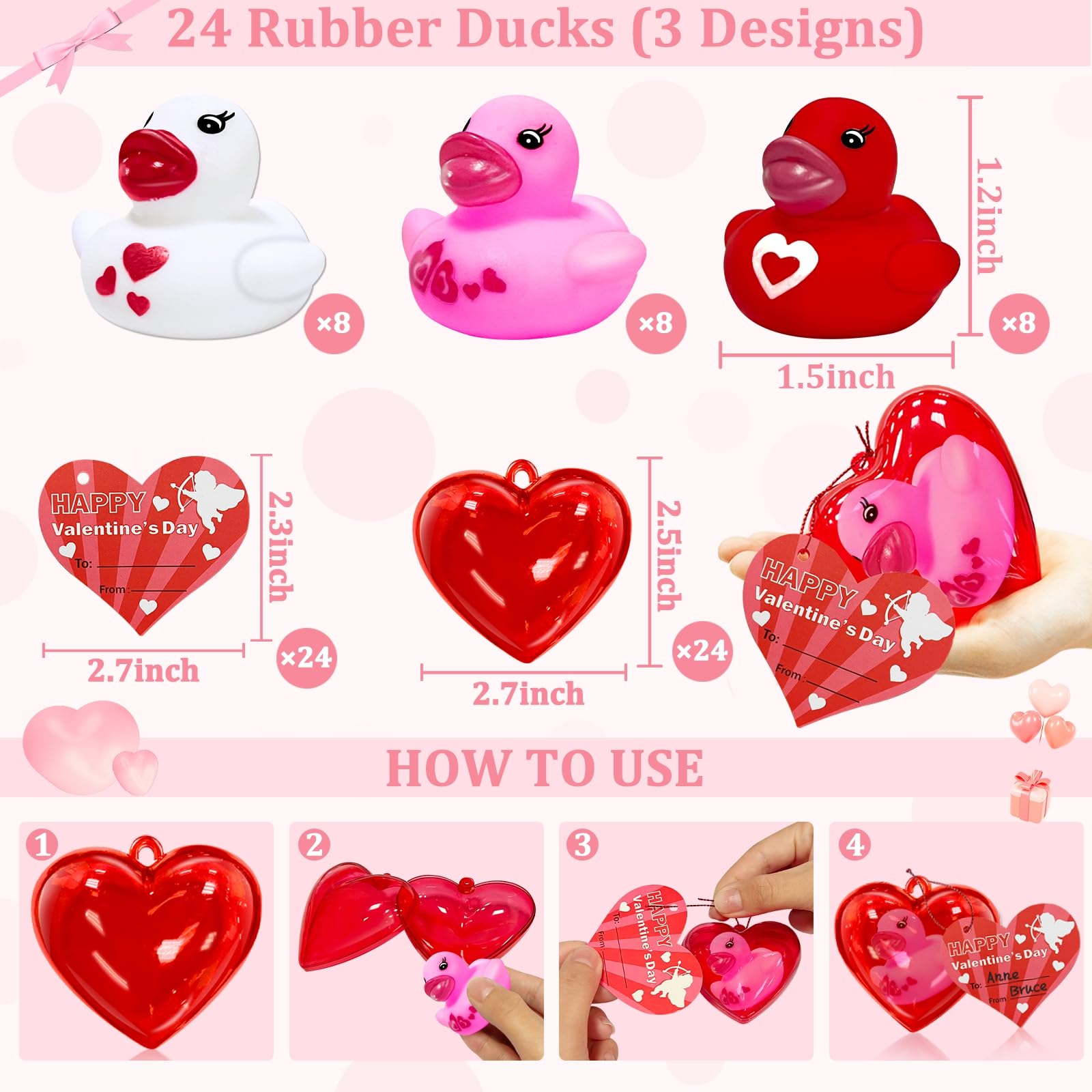 AMENON [Filled Heart Box] 24 Pack Valentines Rubber Ducks Valentines Gifts for Kids Toddlers Bath Squeeze Toys with Valentines Cards Valentine's Day Classroom School Exchange Gifts Prizes Party Favor