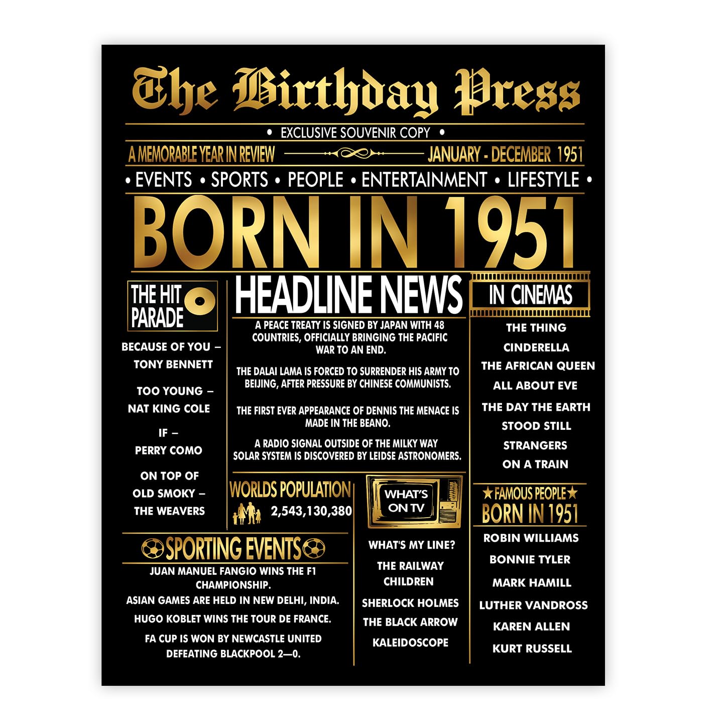 Stuff4 Men's 1951 Gold 75Th Birthday Poster Unframed - Golden Born In Newspaper - Happy 75 Birthday For Wo Retro Vintage Gifts Back In 8X10 Inch Bday Party Decor Decoration