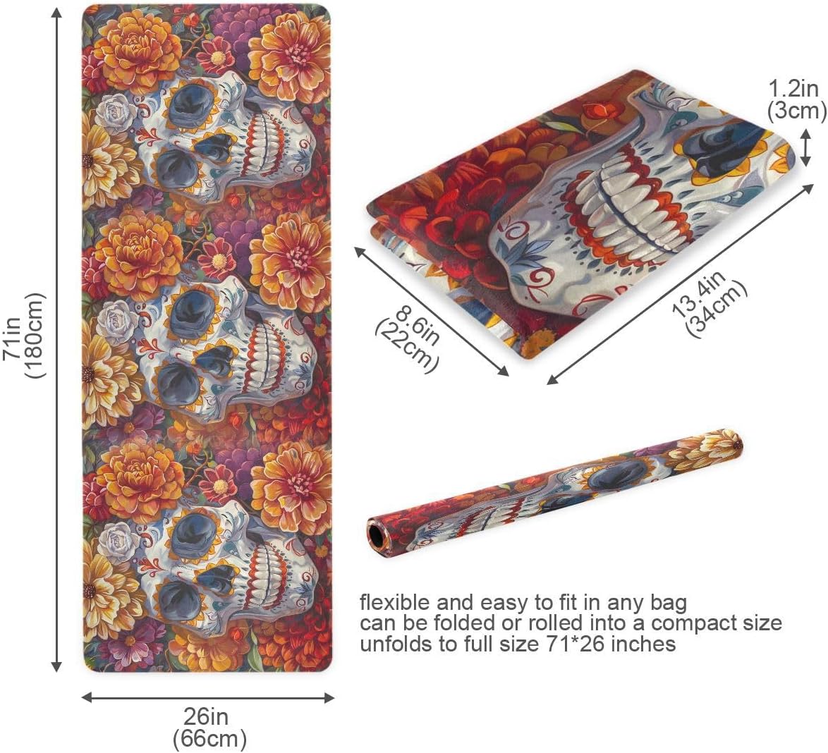 ALAZA Dia De Los Muertos Skull Flower Seamless Yoga Mat Non Slip Fitness Exercise Mat, Workout Mat for Yoga, Pilates and Floor Exercises