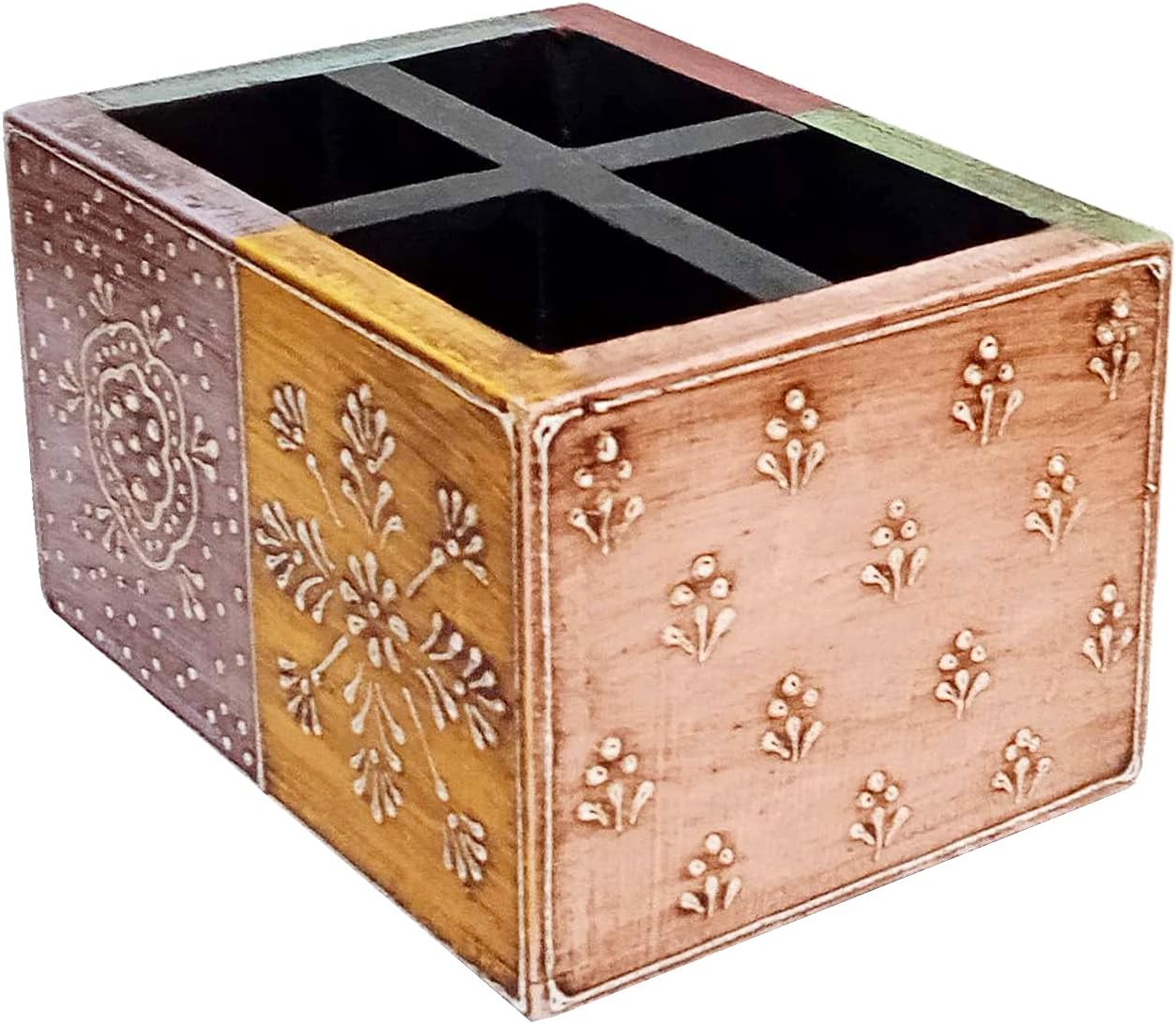 Purpledip Wooden Desk Organizer for Pens, Mobile Phone Or Visiting Cards: Hand Painted Office Table Accessory (10743A)