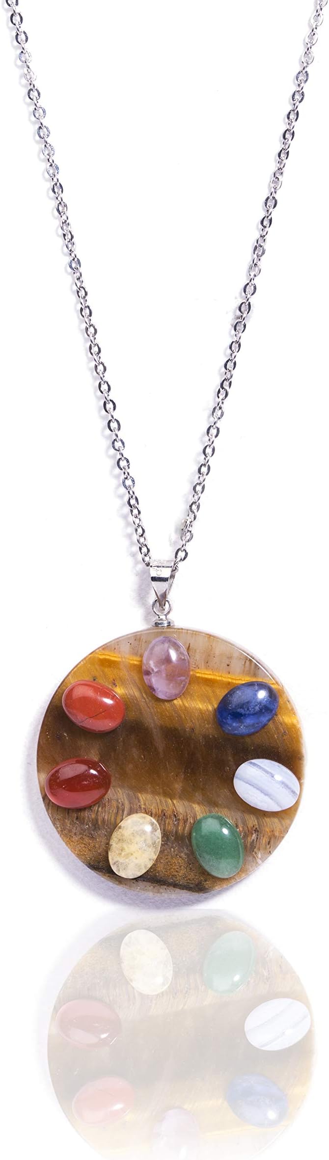 Gempro Genuine Seven Chakra Tiger's Eye Gemstone Round Silver Chain Pendant for Women