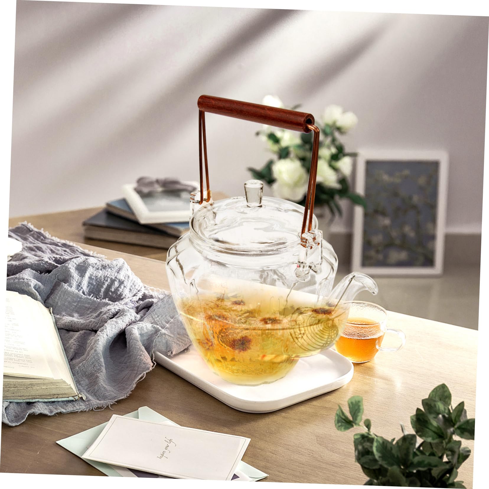 Tetera de Cristal de Sobremesa Estilo Chino Textura Diamante | Vidrio Resistente al Calor, Diseño Simple y Generoso, Uso en Oficina y Hogar