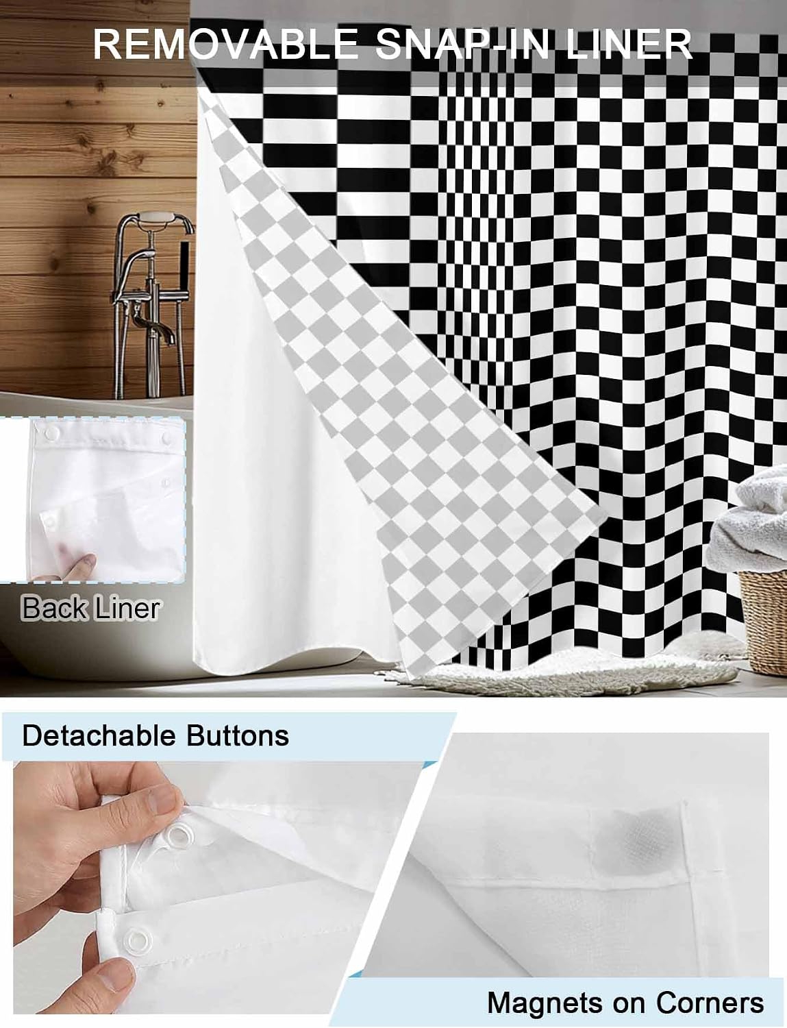 No Hook Shower Curtain, Black White Plaid Long Bathtub Curtains with Snap in Liner, Modern Buffalo Check Gingham Art Waterproof Washable Fabric Bathroom Curtain Sets, 72" x 78"