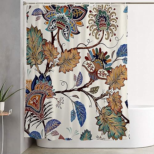 Cortina de ducha para baño, patrón colorido, flores vintage, diseño de cachemira provenzal, belleza asiática, rama botánica, decoración de baño para