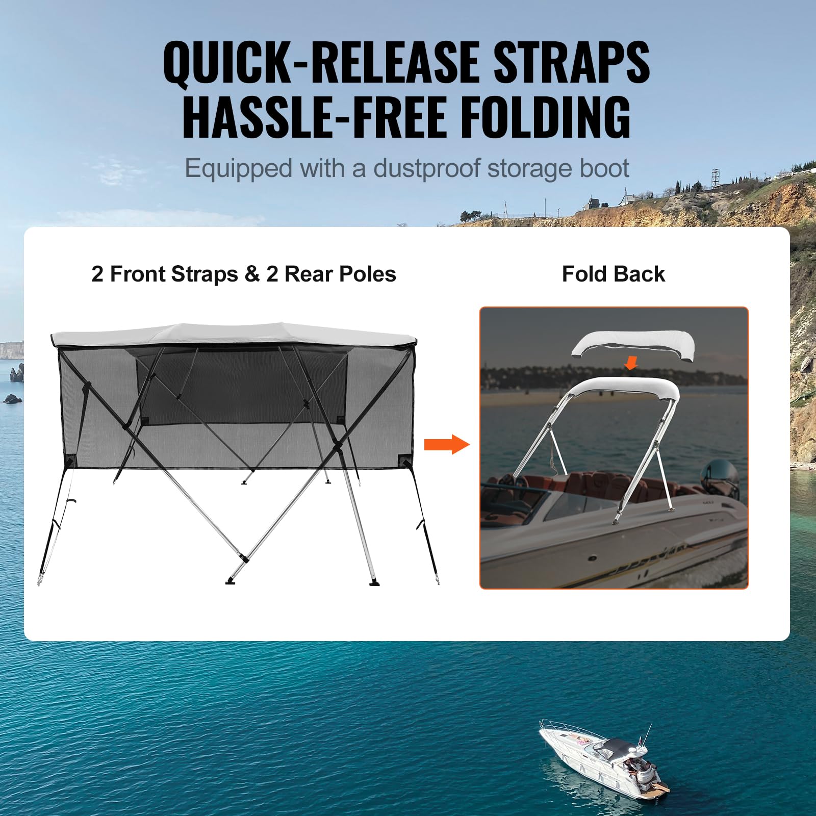 VEVOR Bimini - Lona para Barco de 4 Arcos, Ancho de instalación: 231 a 244 cm, poliéster 600D, con Paredes Laterales de Malla extraíbles, Impermeable y protección Solar, con Caja de