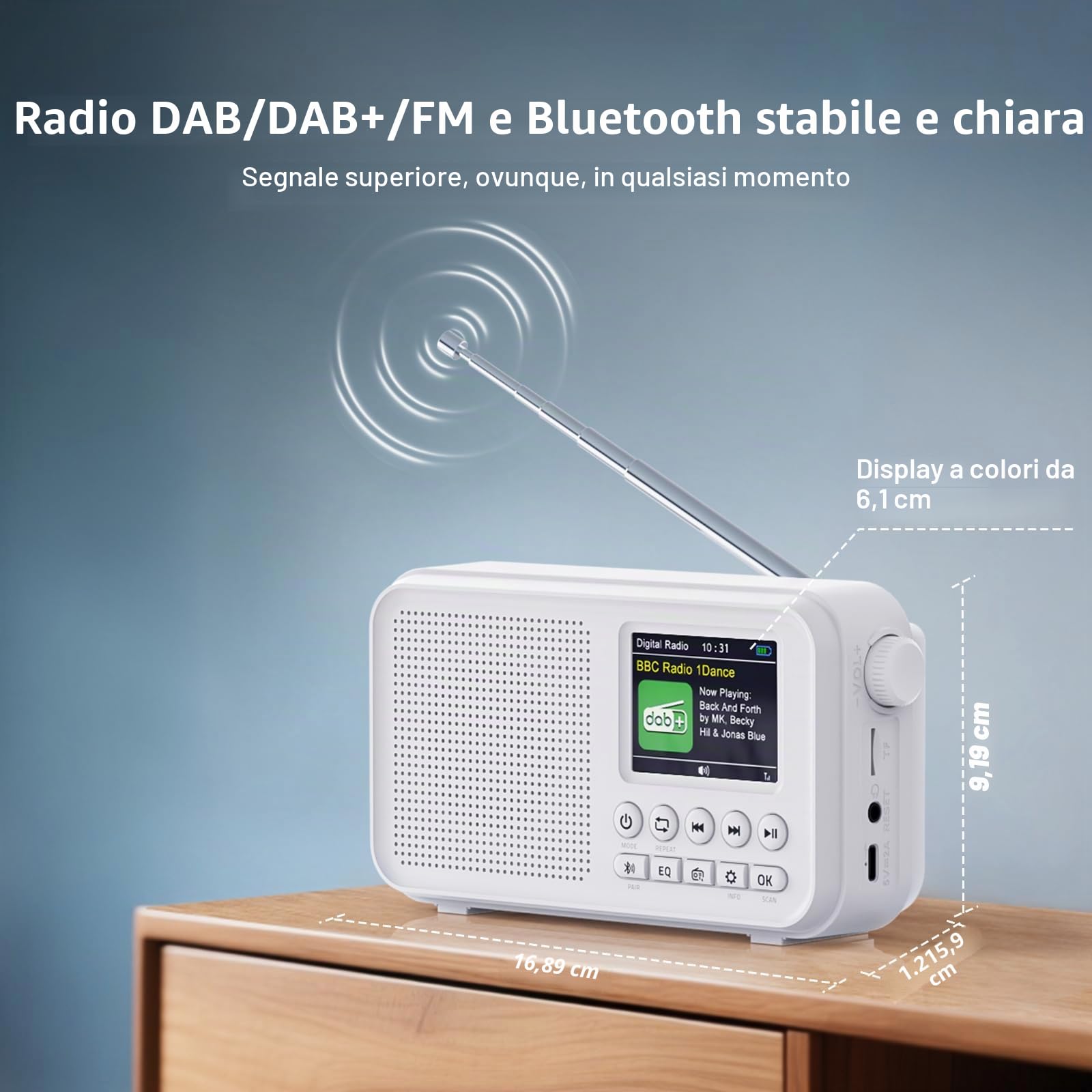 ROCAM Radio Portatile DAB/DAB+/FM con Bluetooth 5.0 &Altoparlante Hi-Fi, 3000mAh Batteria Ricaricabile, 2,4"Display, Doppia Sveglia,40 DAB/FM Stazioni Preimpostate,12 Lingue, TF Slot per Scheda,Bianco
