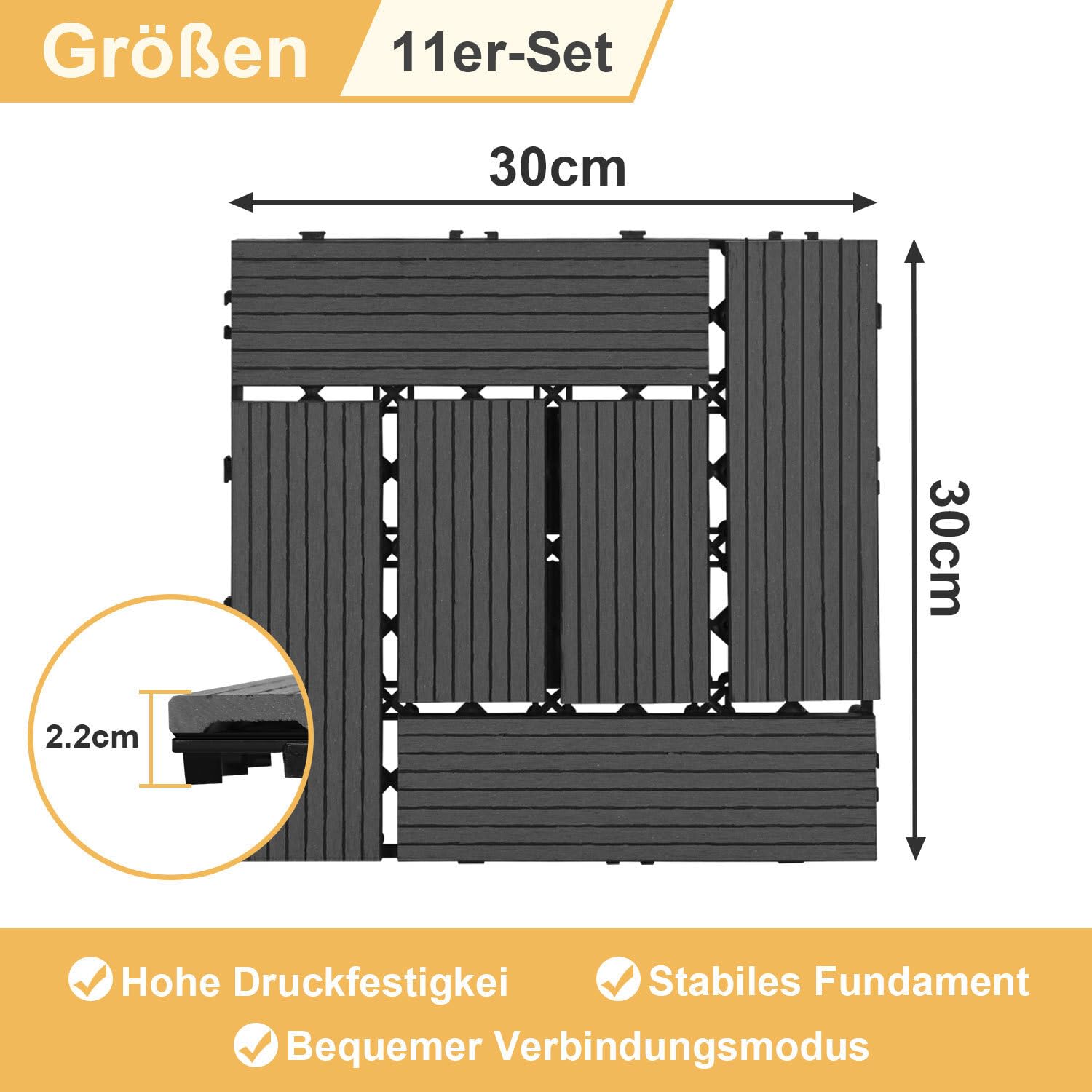 Piastrelle in WPC per terrazze, 30 x 30 cm, colore grigio, 55 pezzi = 5 m², piastrelle da giardino con sistema a incastro per terrazze, piastrelle a scatto