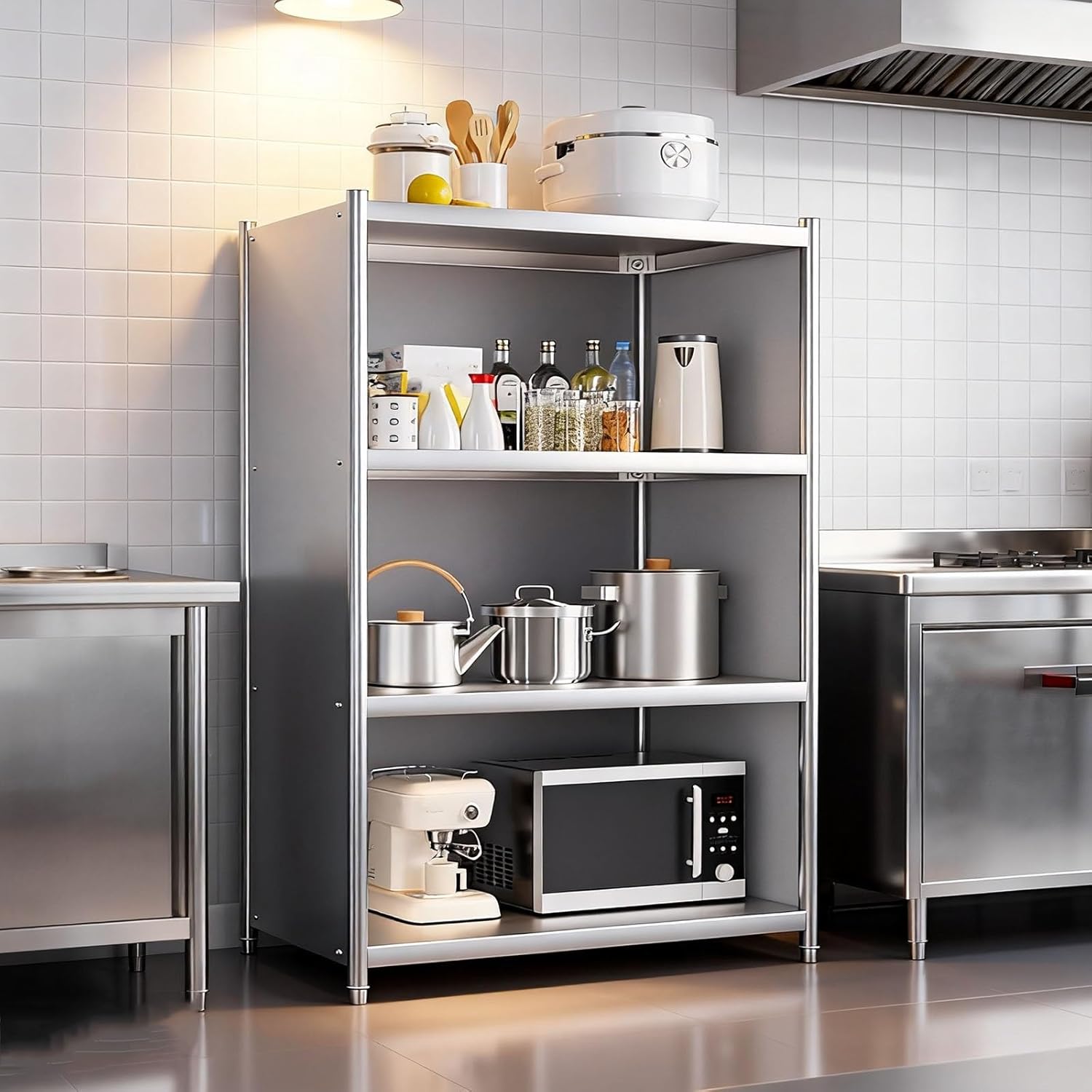 Four-Tier Enclosed Workbench Stainless Steel Floor-Standing Storage Rack Adjustable Feet Commercial Kitchen Sideboard Easy Installation Worktable Metal Countertop(60x40x140cm)