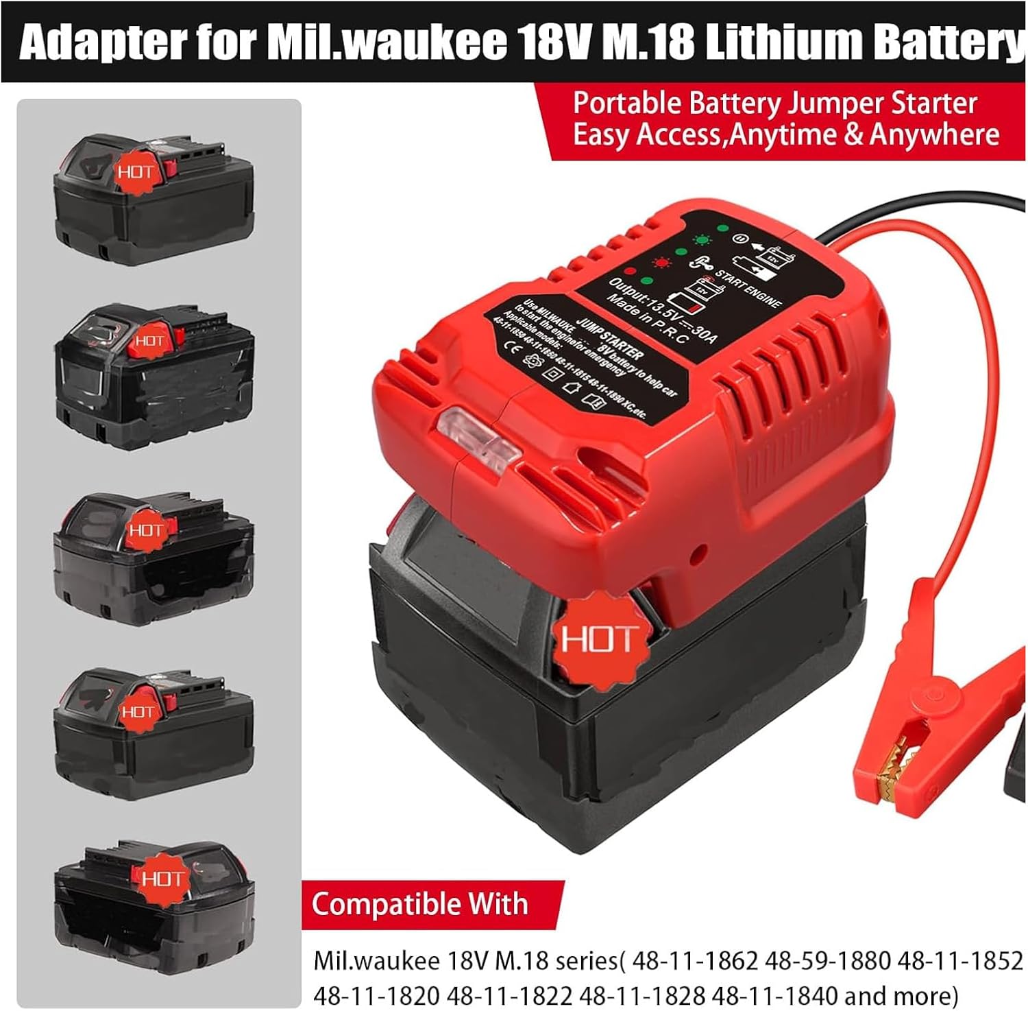 Car Battery Jump Starter Adapter Compatible with Milwaukee M-18 18V Battery,Battery Starter Adapter for Up to 3.5L Gas or 3.5L Diesel Engine with 11AWG Jump kit Cable