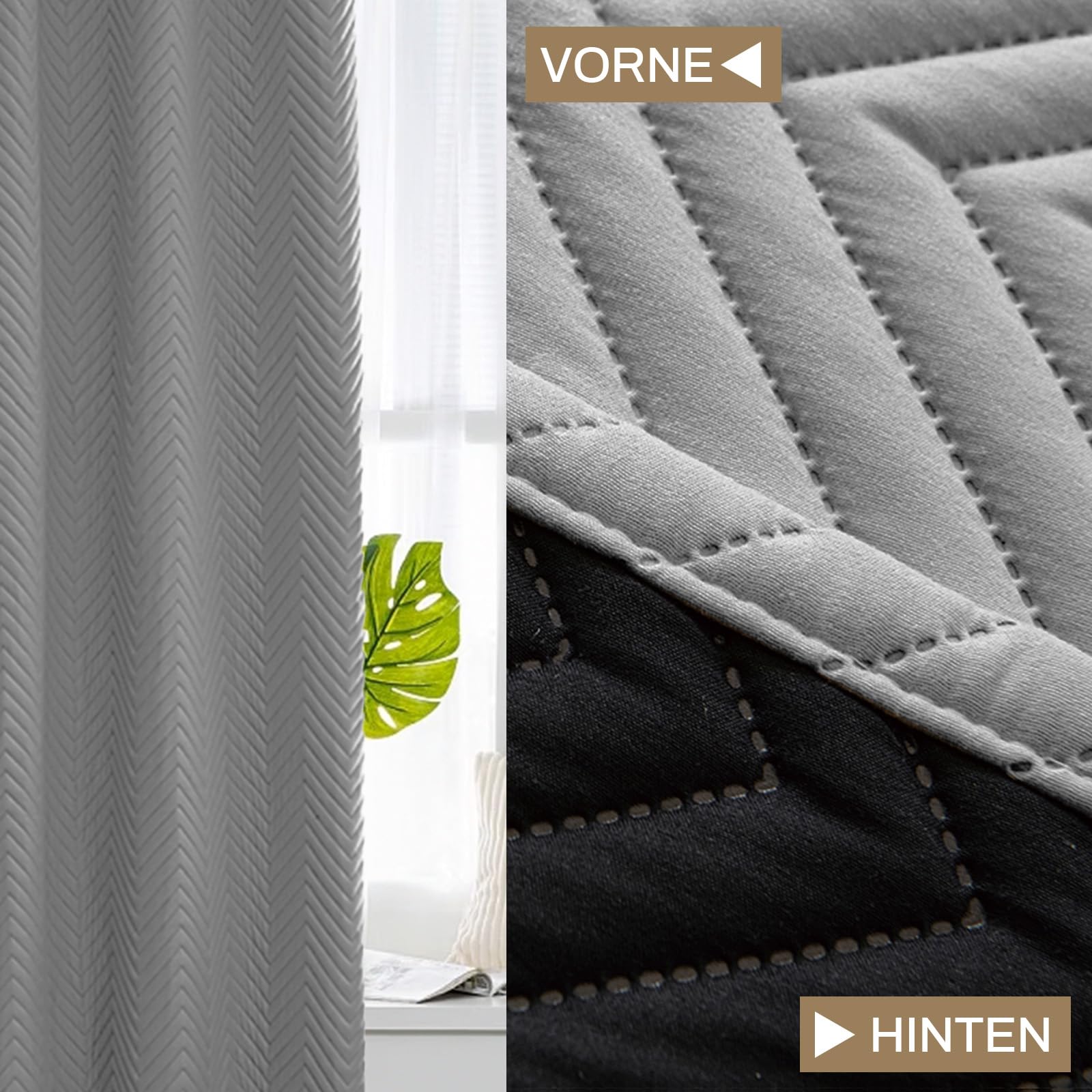 Thermovorhang Kälteschutz Kräuselband 2er Set, Verdickung Wärmeschutzvorhang, Verdunklungsvorhänge Wärmeisolierend Gegen Kälte für Schlafzimmer Wohnzimmer(H175xB140cm,Grau 2-teilig)