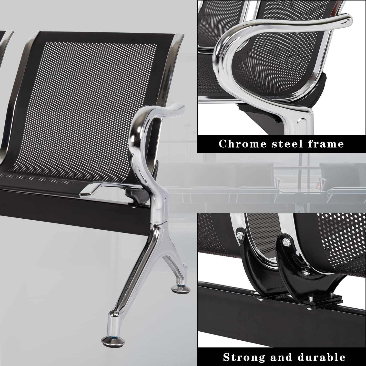 3-Seat Waiting Room Chairs - Waiting Room Bench with Arms Airport Reception Bench Guest Reception Chairs Lobby Bench Waiting Area for Airport Market Bank Hospital School Barbersho, Black