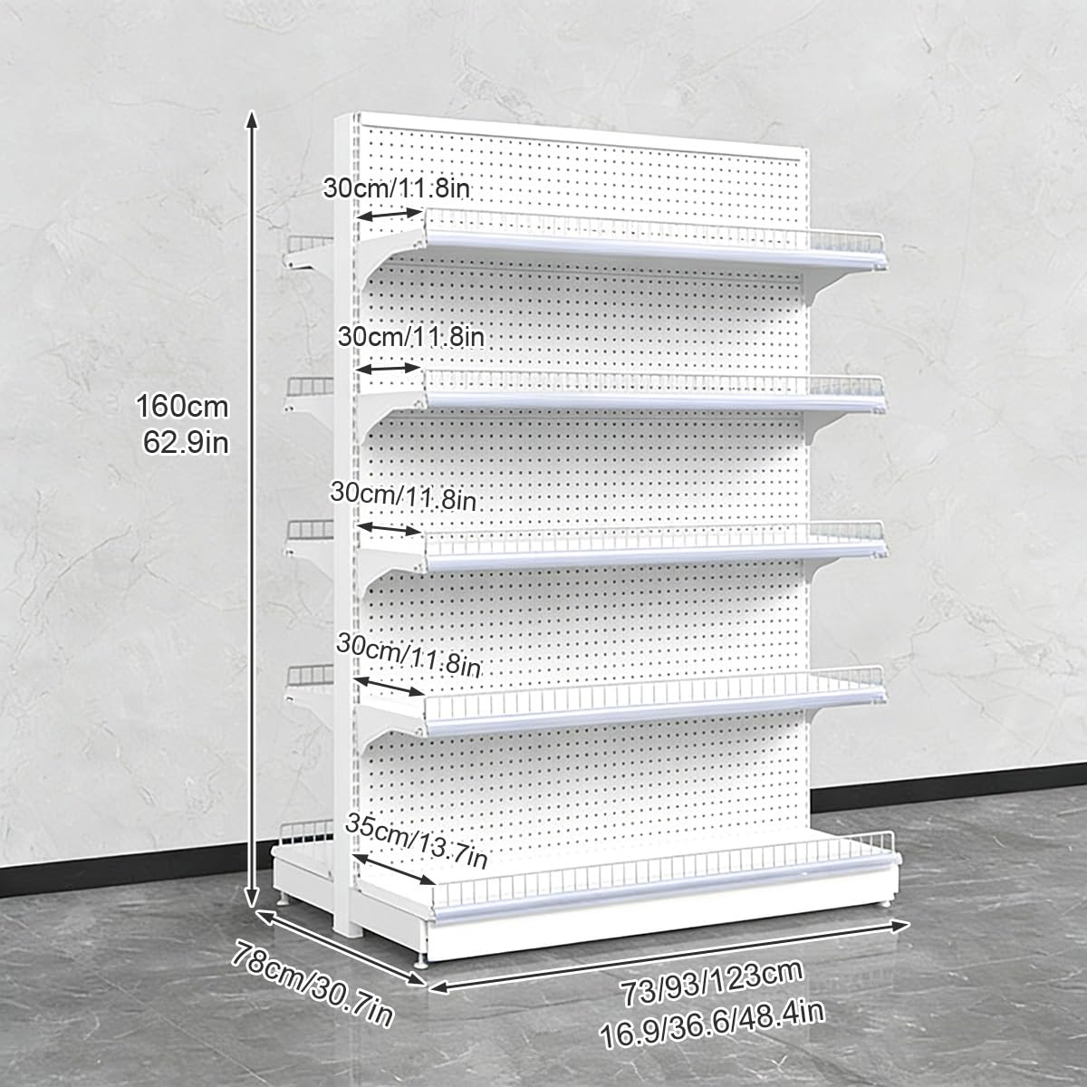 Scaffale a doppia faccia per gondola per negozi di alimentari, liquori e minimarket, bianco, 124,5 x 160 cm (lunghezza x altezza), perfetto per commercializzare e massimizzare lo spazio