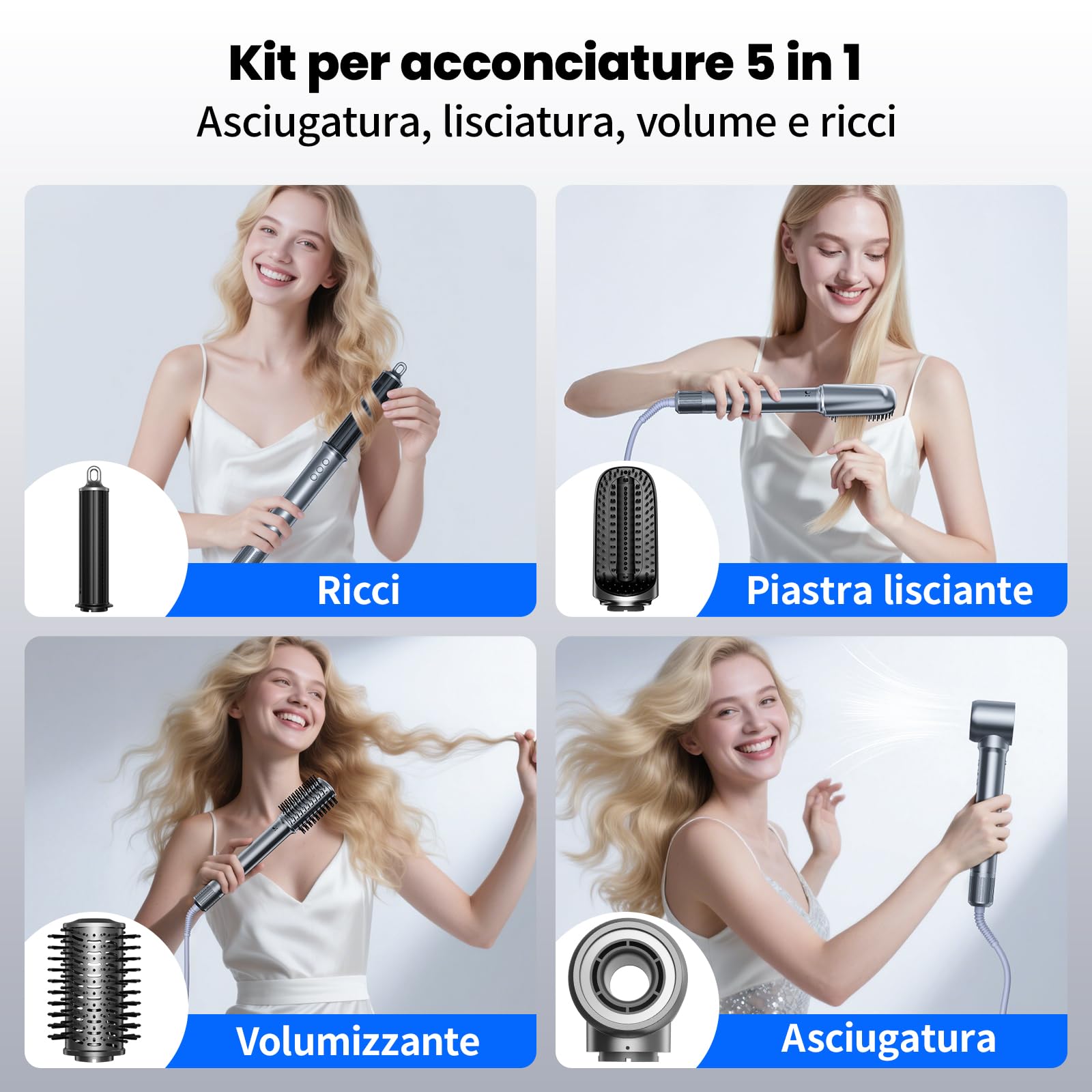 MANKIW Spazzola Asciugacapelli 5 in 1, Airstyler Multifunzione con Motore Brushless 110.000 RPM, Arricciacapelli Automatico 30/50mm con Effetto Aria Avvolgente, 500 Milioni di Ioni