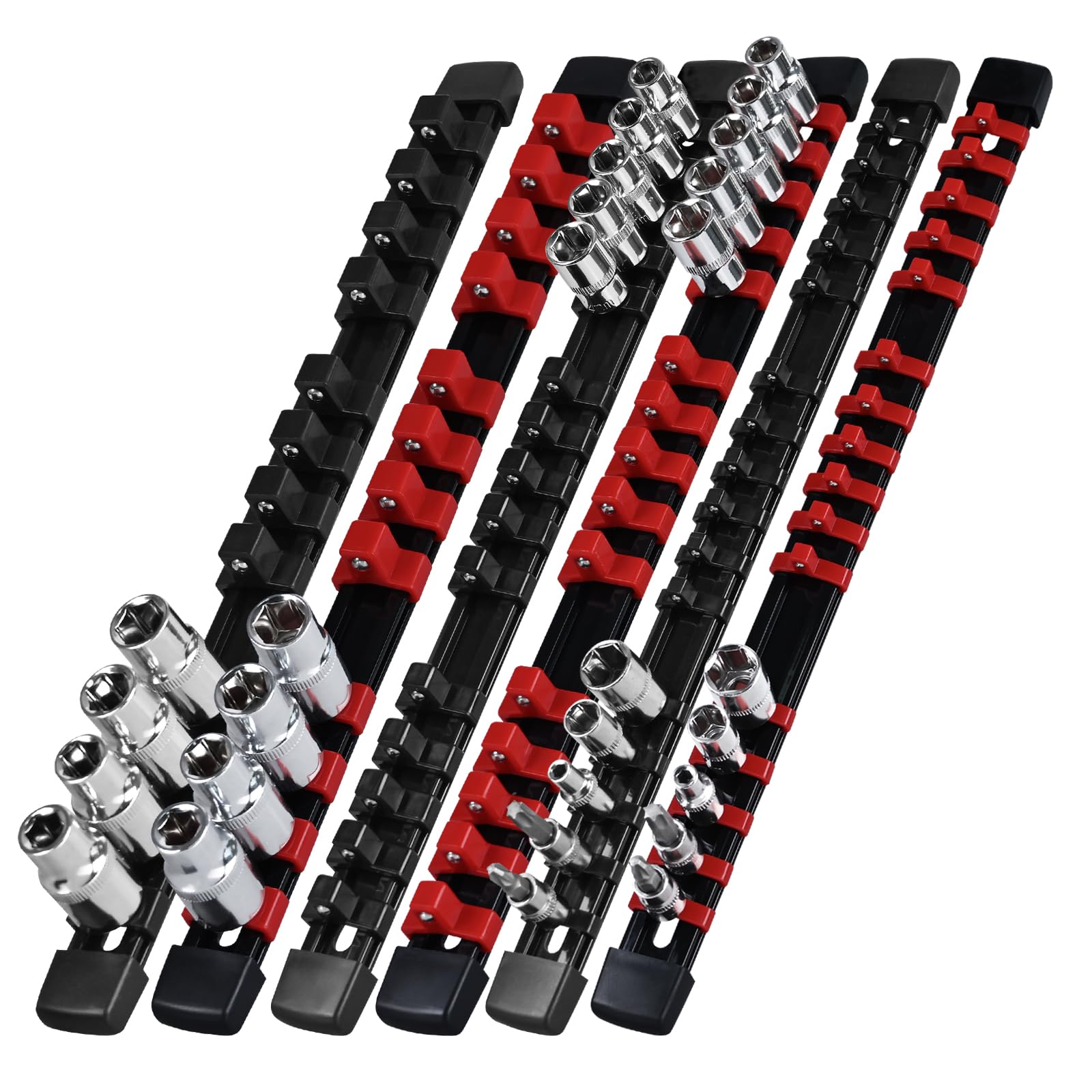 EGOFIX Socket Organizer Set 6PCS ABS Socket Holder Kit, 1/4-Inch x 32 Clips, 3/8-Inch x 30 Clips, 1/2-Inch x 24 Clips Socket Set Organizer, Drive Socket Tray, Socket Holders Clip Socket Rail