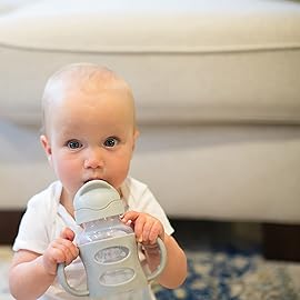 Dr. Brown\'s Wide-Neck Sippy Straw Bottles with Silicone Handles, Gray and Green, 9oz/270ml, 2-Pack