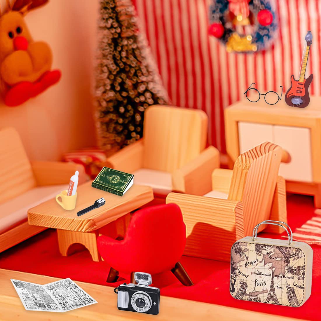 Accesorios en miniatura, 10 unidades en miniatura para casa de muñecas con cámara, guitarra, libros, periódicos, gafas, bolso, cepillo de dientes, taza de dientes, pasta de dientes, miniatura de