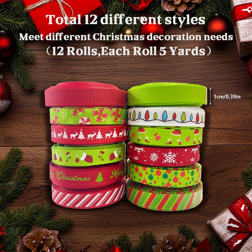 12 Rolls Christmas Ribbon for Gift Wrapping,60 Yards Christmas Grosgrain Ribbon for Crafts Holiday DIY Christmas Decorations