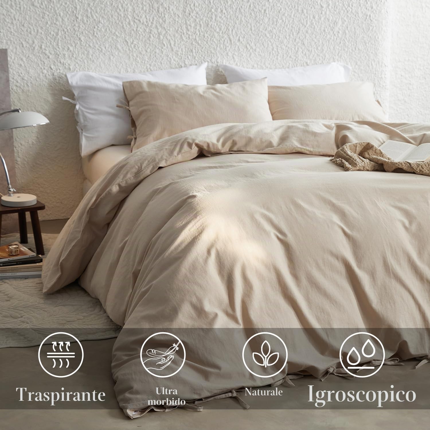 Simple&Opulence Set di Coperta per Matrimonio, Coperta di Lusso in Lino e Cotone, Eleganza con Bordo, Qualità da Hotel di Lusso, Perfetto per Ragazze o Persone Romantiche (Beige, 230x220 cm)