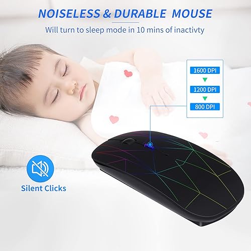 Miniatura 3 de 3C Light Ratón inalámbrico, mouse silencioso delgado recargable 2.4G portátil óptico de oficina RGB con USB y receptor tipo C, 3 DPI ajustables para