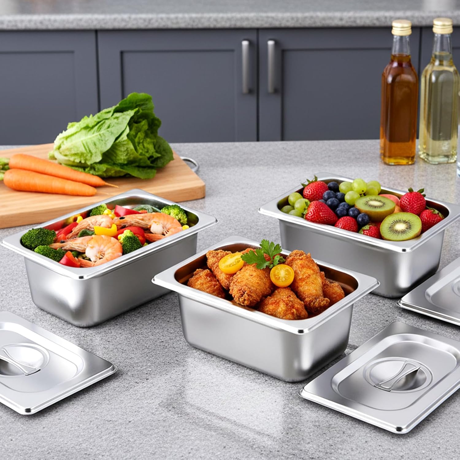 4 Pack Hotel Pan with Lid 1/9 Size 4 Inch Deep Stainless Steel Restaurant Food Prep Tray Metal Hotels Steam Table Pan for Home, Party, Restaurant, Hotel, Buffet - Image 6