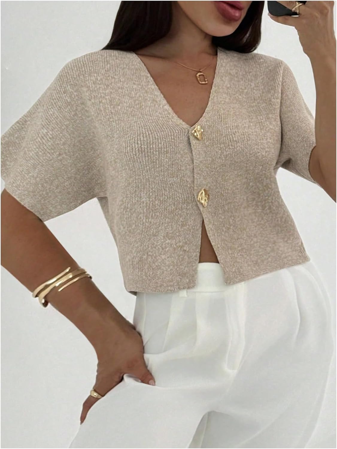 SOLY HUX Women's Plus Size Cardigan Sweaters Short Sleeve V Neck Button Down Knit Going Out Tops - Image 3