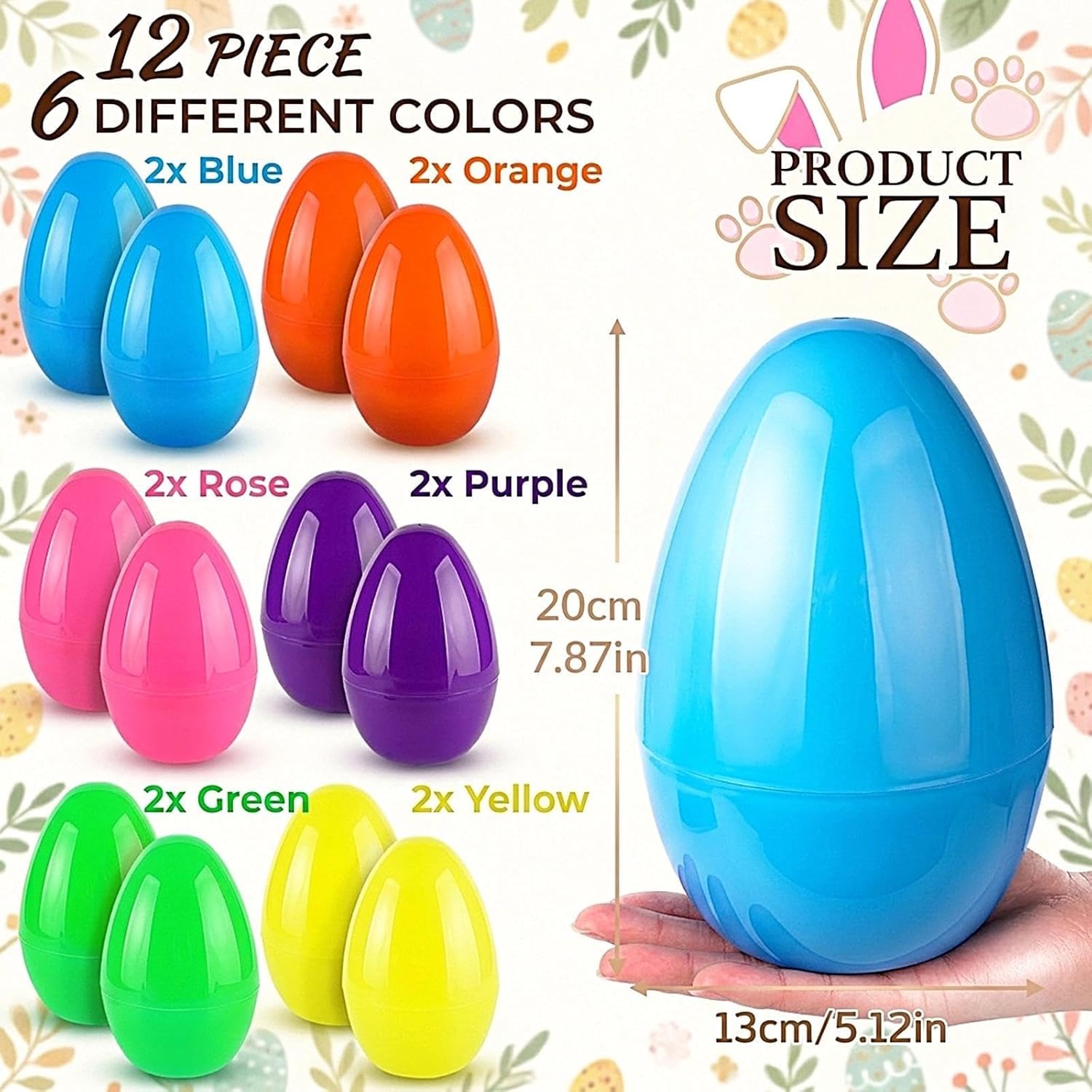 12 Pcs 7.87" Large Easter Eggs Plastic Fillable, Colorful Jumbo Easter Eggs for Easter Themed Hunt Basket Stuffers Fillers Filling Treats Party Favor Classroom Prize Supplies