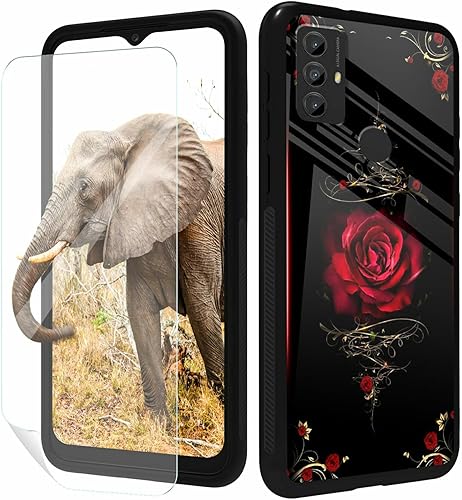 Funda para teléfono Motorola Moto G Play 2023 con protector de pantalla de vidrio templado delgado, cubierta negra, diseño elegante de flores rosas