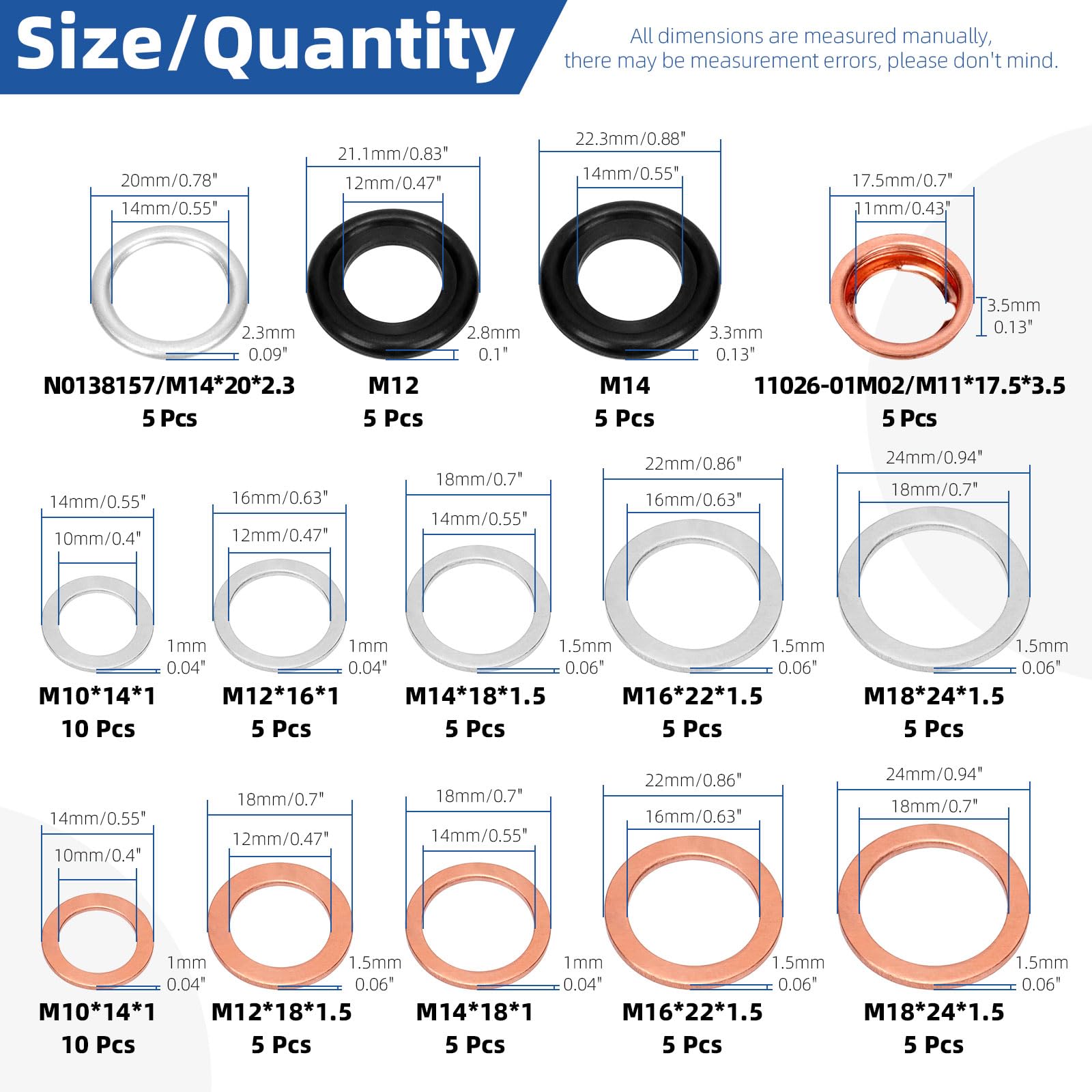 Glarks Kit di Guarnizioni per Tappo di Scarico dell'Olio Automobilistico - 80 Pezzi, 11 Misure (M10-M18) - Alluminio, Rame, Gomma - Rondella di Scarico