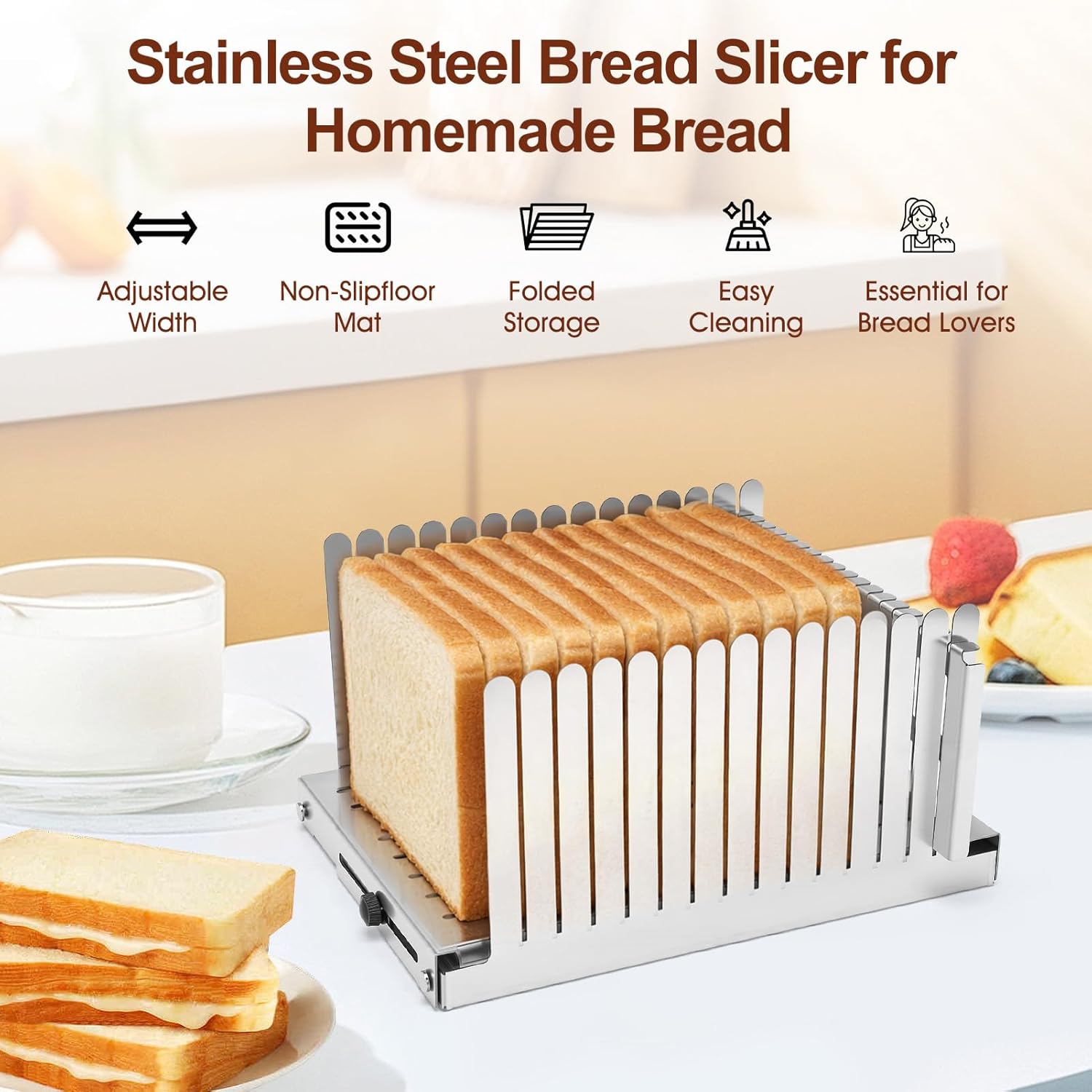 Stainless Steel Bread Slicer for Homemade Bread, Adjustable Width 5.5"-8.3" Slicing Guides, Bread Loaf Slicer, for Homemade Bread Bagels Cakes