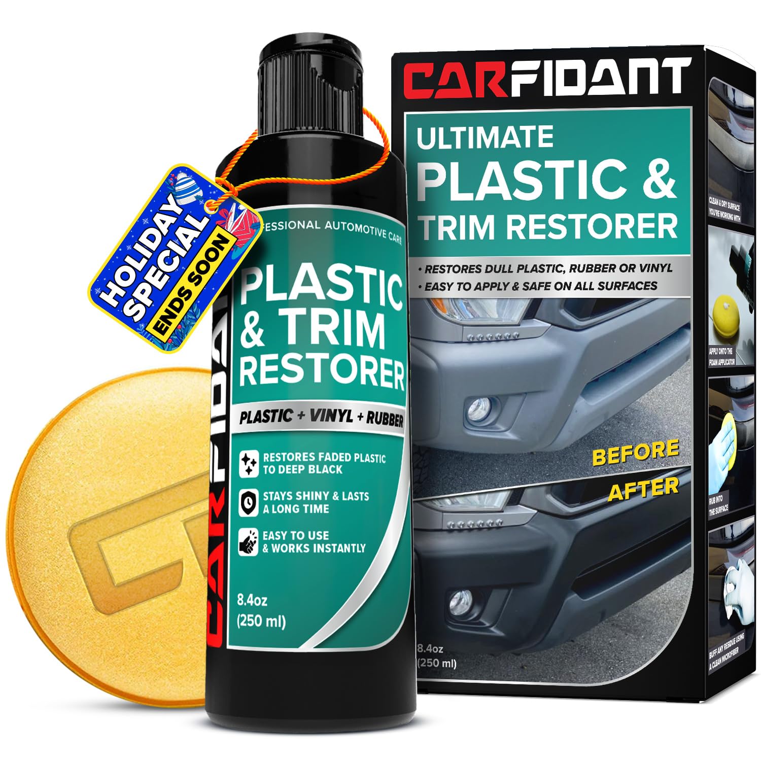 Carfidant Plastic Restorer for Cars – Refreshes Faded Plastic, Vinyl & Rubber Trim with Polish for Deep Shine – Protects Against UV & Dirt – Black Exterior & Interior Care for Detailing - 8.4 fl. Oz.