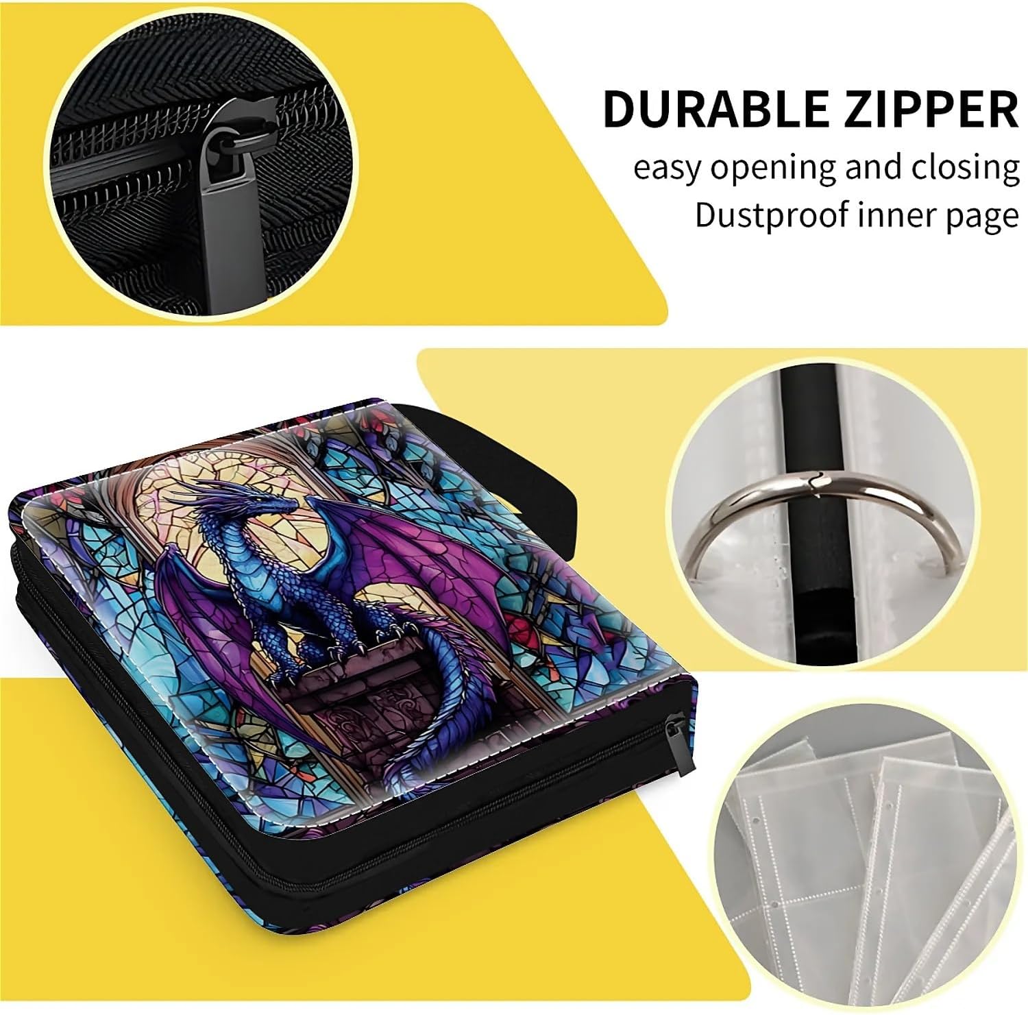 Card Binder 900 Pockets, 50 Sleeves Large Binder Trading Cards Holder 9 Pocket, Storage Organizer, Album Folder Case Protector Collector Gift Stained Glass Blue Purple Diamond Dragon