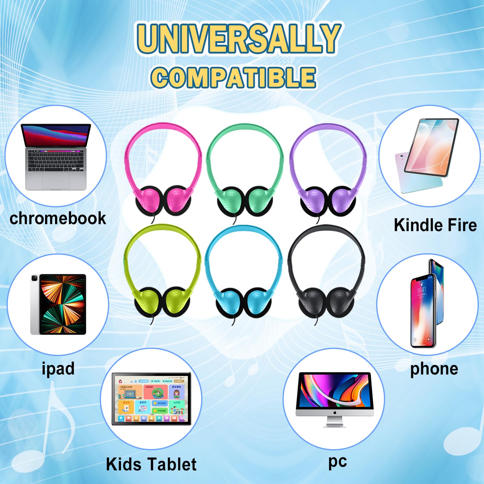 Auriculares USB tipo C para niños, paquete de 5 unidades para estudiantes de aula, juego de auriculares con cable USB C compatibles con Chromebook Computer Laptop (HY857C, 5 mezclados)